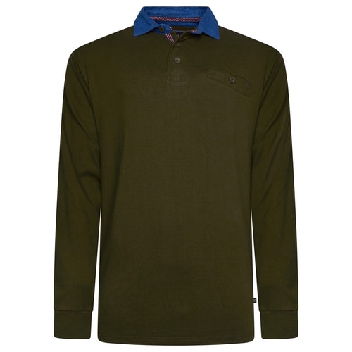 KAM Long Sleeve Plain Denim Collar Rugby Polo Dark Olive